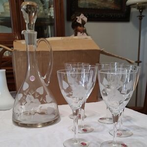 Vintage Etched Decanter And Wine Set Made In Romania